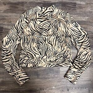 Rachel Zoe Black Cream Zebra Print Long Sleeve Pleated Elegant Blouse Top Size M